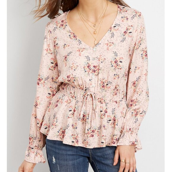 MAURICES 1 Plus Size Pink Floral Smock Waist Blouse Boho Long Sleeve Peasant Top - Picture 4 of 15